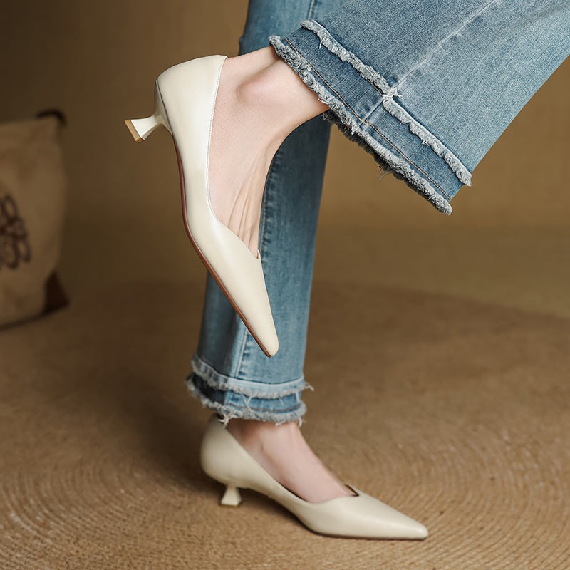 Women's Handmade Leather Classic Pointed Toe Kitten Heel Pumps