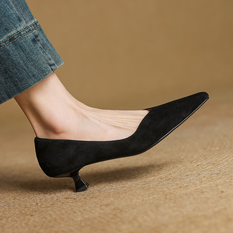 Women's Handmade Leather Classic Pointed Toe Kitten Heel Pumps