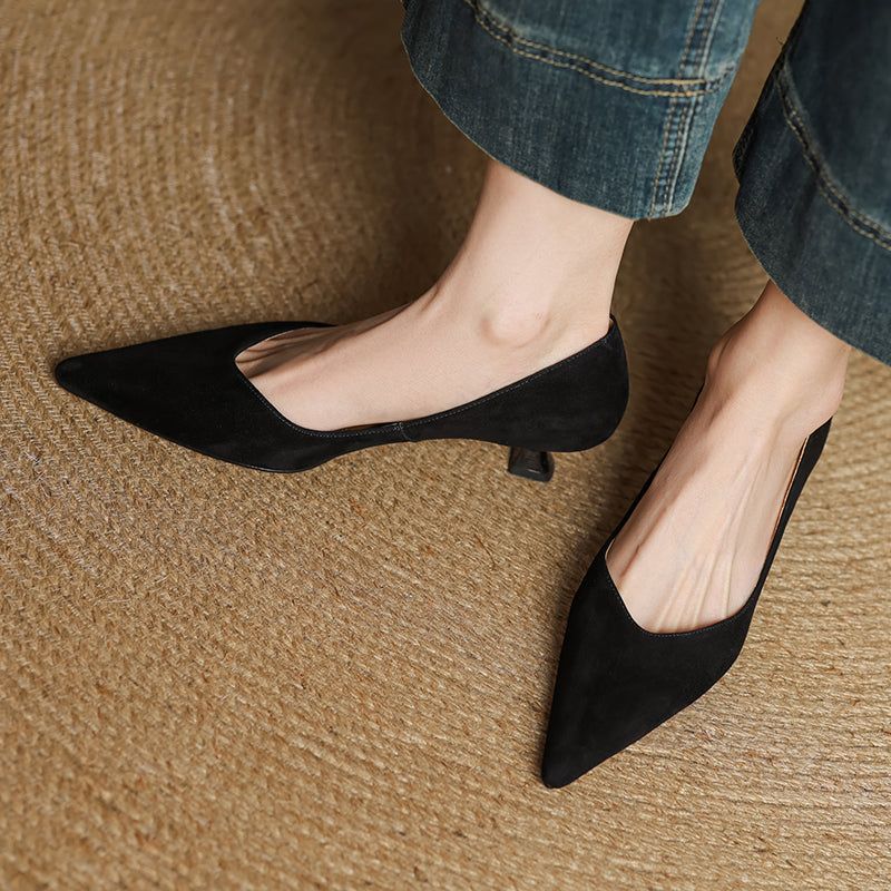 Women's Handmade Leather Classic Pointed Toe Kitten Heel Pumps