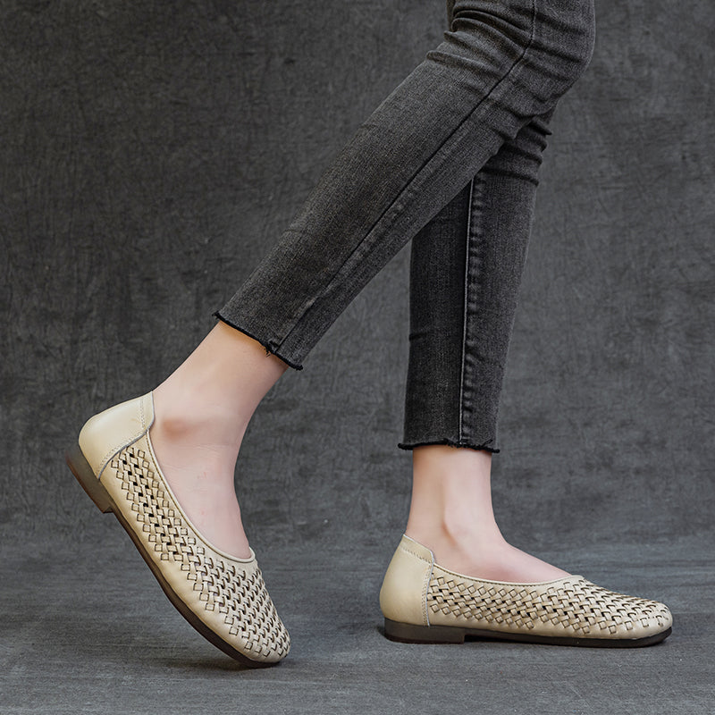 Women's Leather Woven Hollow Out Flat Sandals Glove Shoes