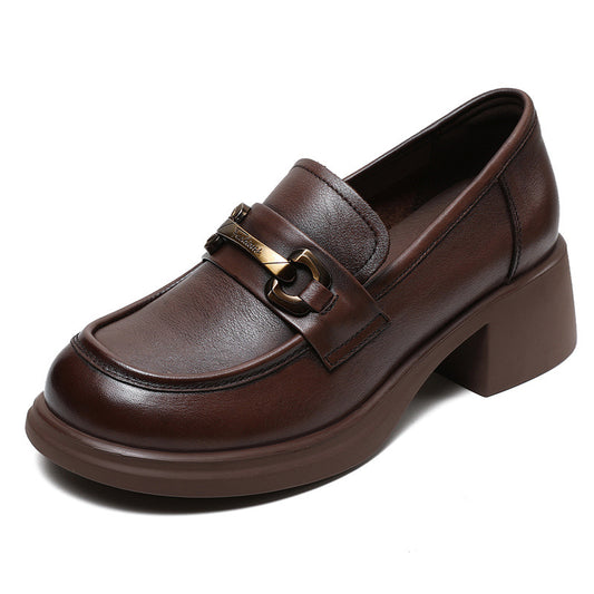 Women's Genuine Leather Loafers – Mid Heel Slip-On Shoes with Metal Accent