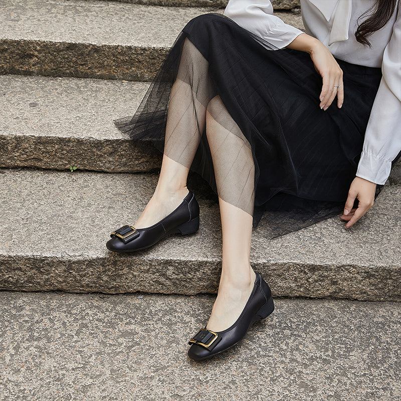 Women's Leather Low Heel Metal Buckle Embellished Pump