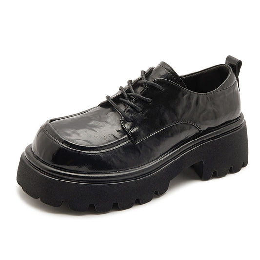 Women's Ruched Leather Oxford Shoes – Casual Chunky Platform Lace-Up