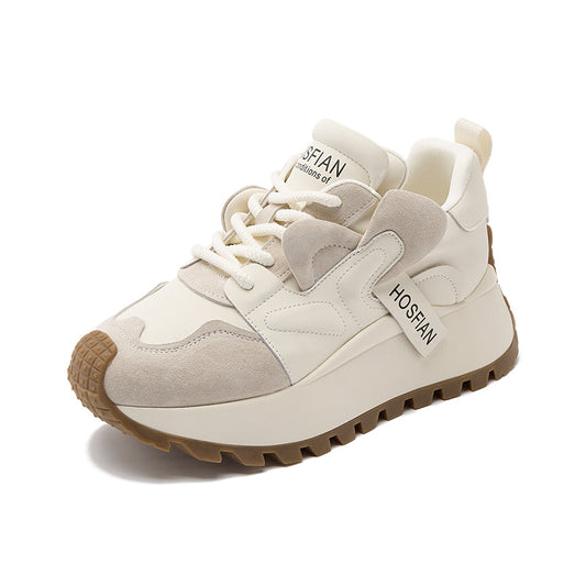 Women's Platform Leather Sneakers – Casual Cowhide Chunky Sole Trainers