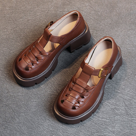 Women's Genuine Leather Fisherman Sandals - Chunky High Heel & Closed Toe Design