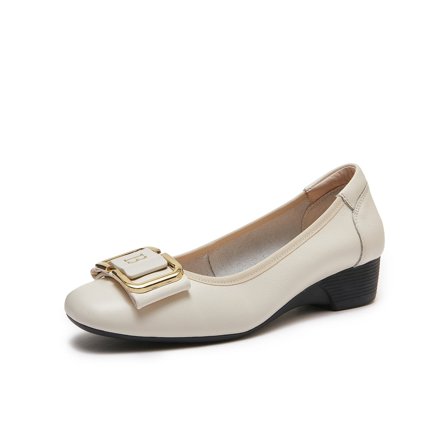 Women's Leather Low Heel Metal Buckle Embellished Pump