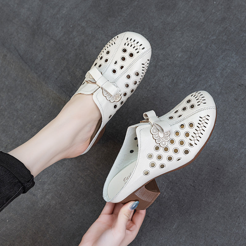 Women's Leather Bowknot Hollow Out Mid Heel Block Mule Shoes