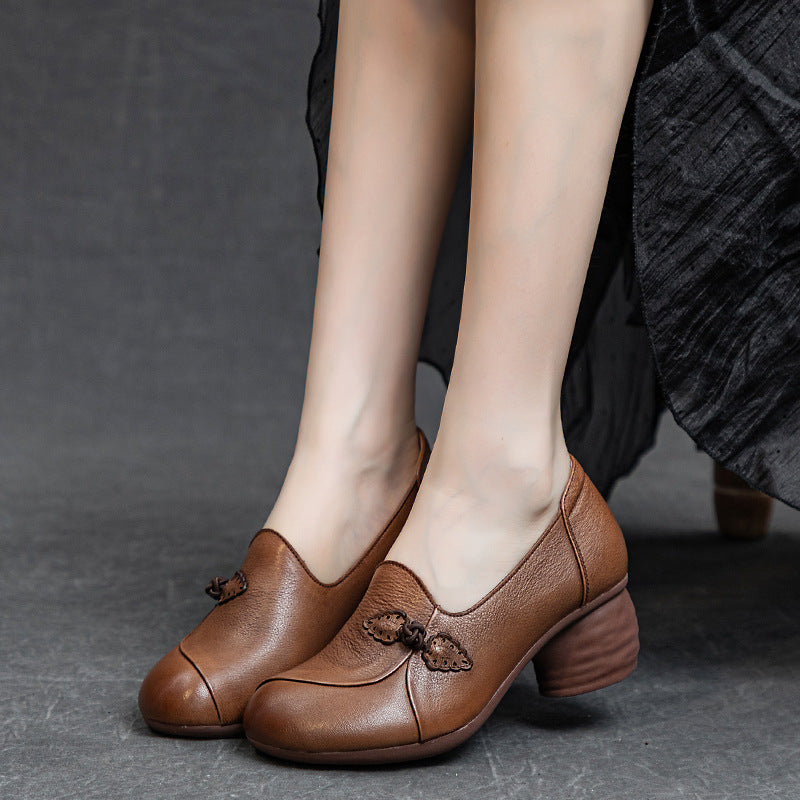 Women's Elegant Slip-On Mid Heels – Inspired by Chinese Frog Button Design