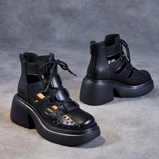 Breathable Leather Cut-out Sandals for Women - High Platform Gladiator Boots with Lace-up & Zipper