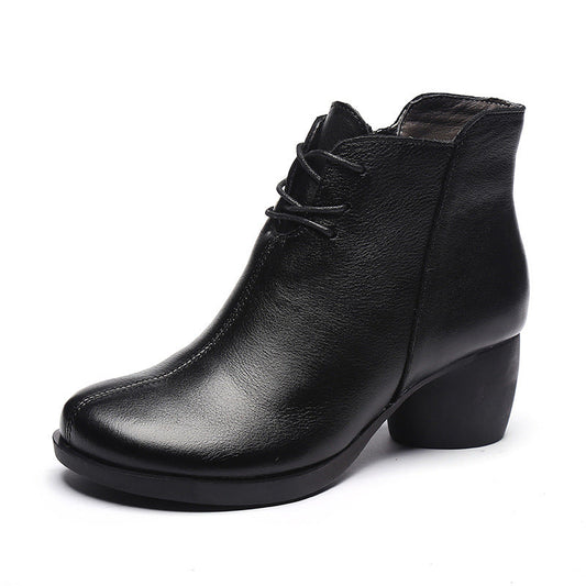 Women's Leather Block Heel Zipper Casual Ankle Boots