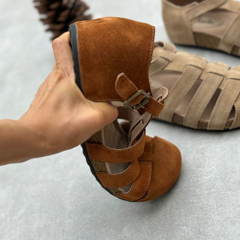 Women's Closed Toe Retro Flat Suede Leather Woven Casual Sandals