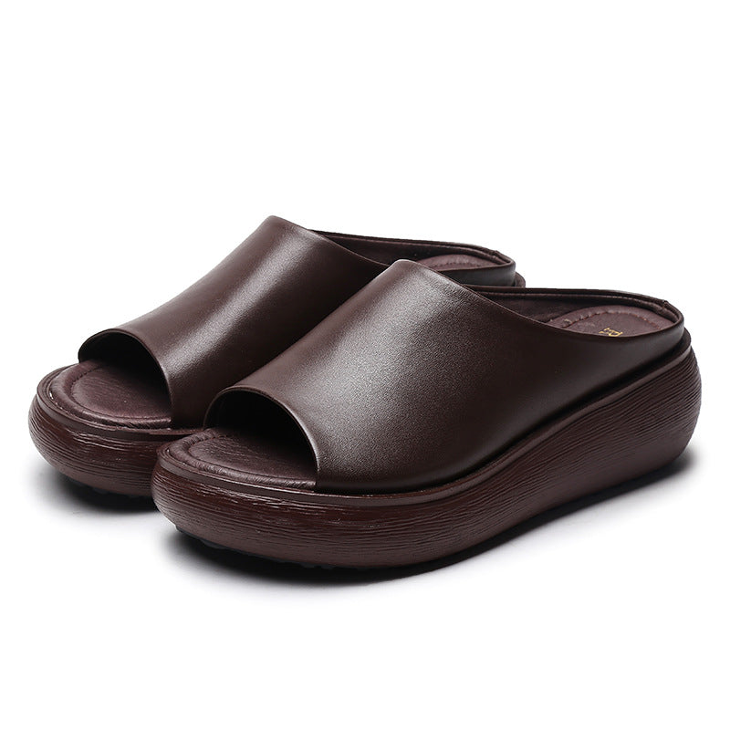 Women's Leather Open Toe Chunky Wedge Heel Mule