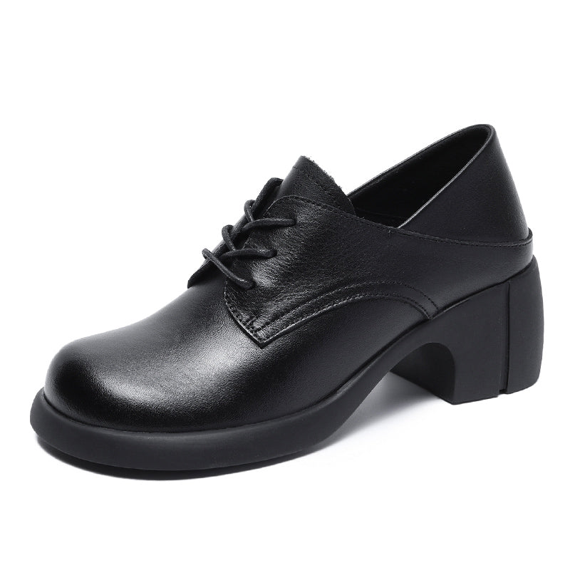 Women's Leather Retro Lace-up Block Heel Oxford Shoes