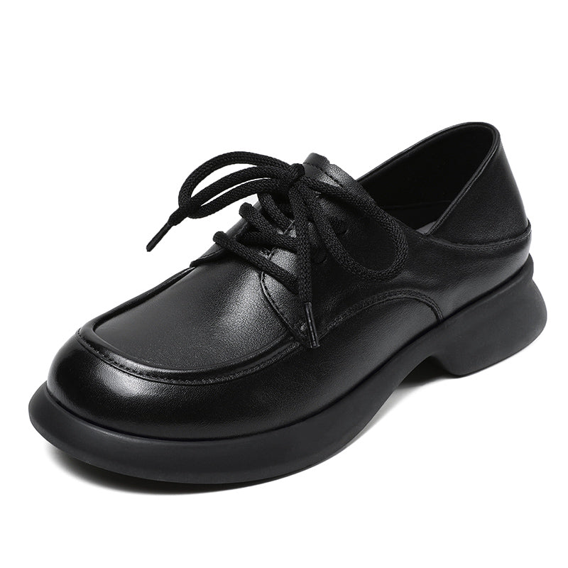 Women's Leather Comfortable Casual Chunky Heel Lace-Up Shoes