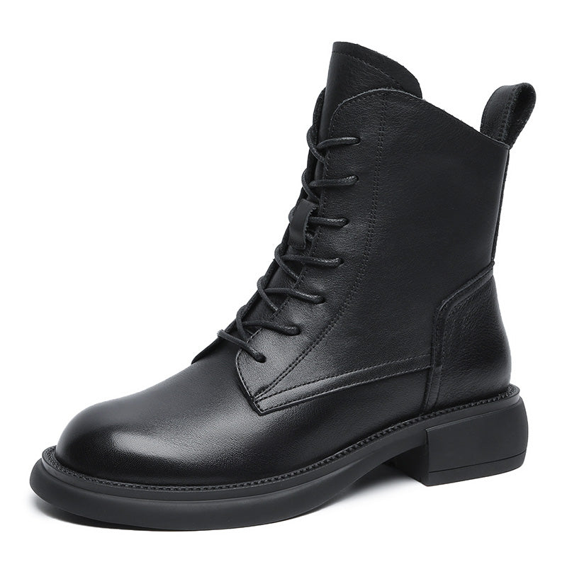 Women's Leather Vintage Zipper Lace Up Block Heel Ankle Boots