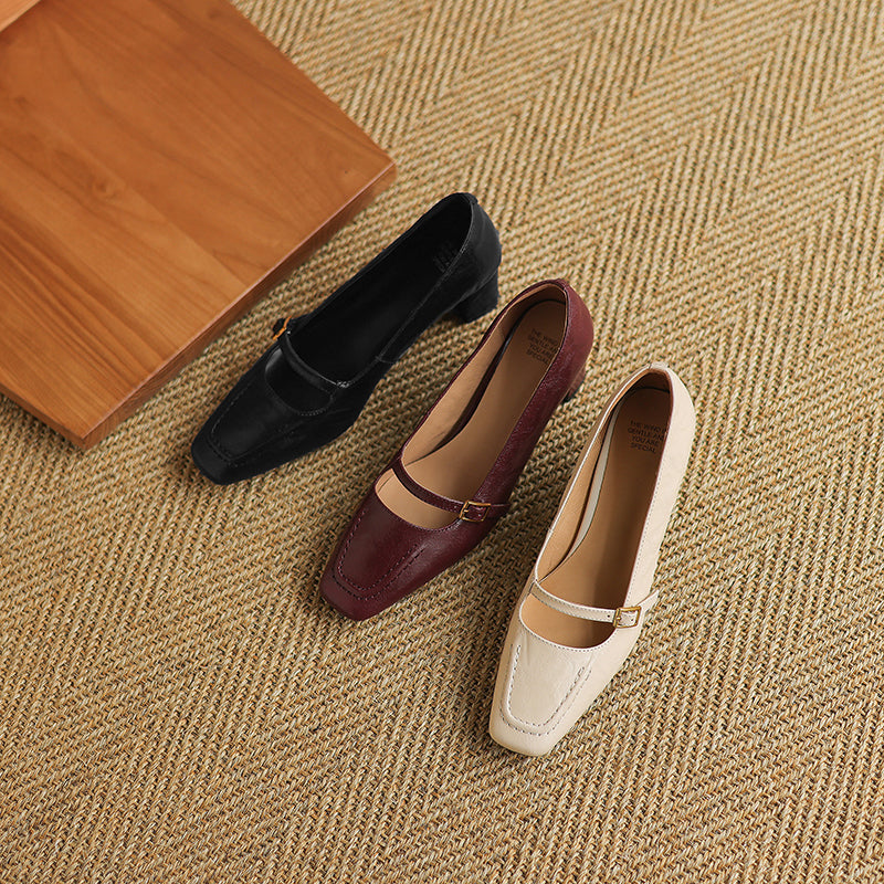 Women's Sheepskin Elegant Chunky Heel Buckle Pump