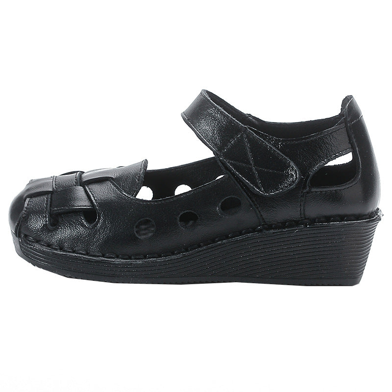 Women's Leather Woven Cutout Wedge Heel Sandal