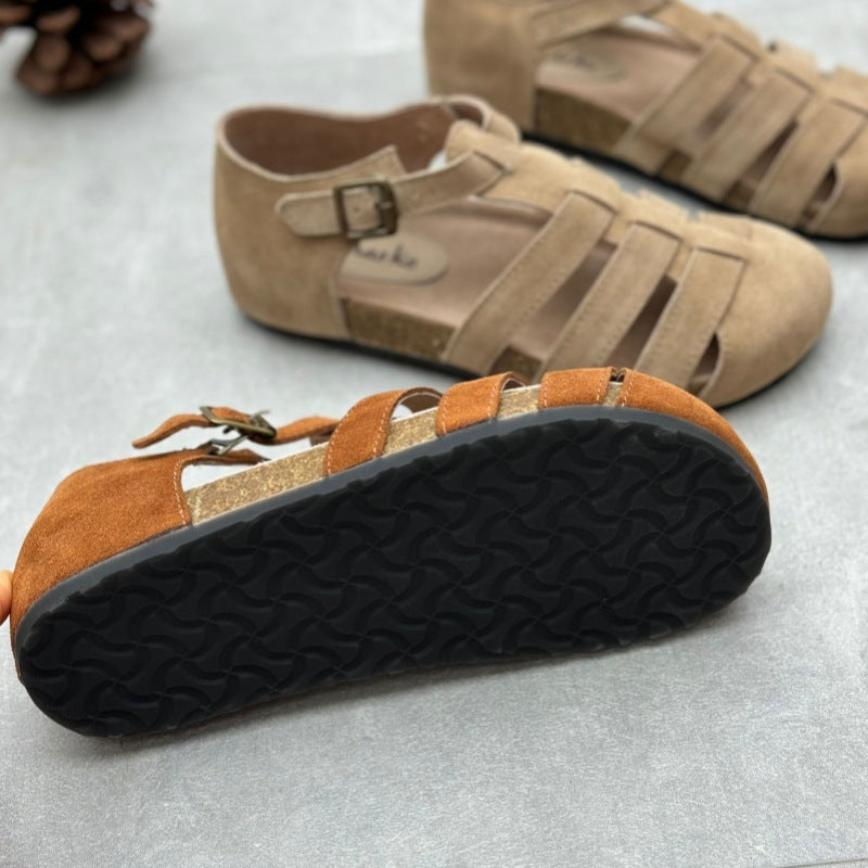 Women's Closed Toe Retro Flat Suede Leather Woven Casual Sandals