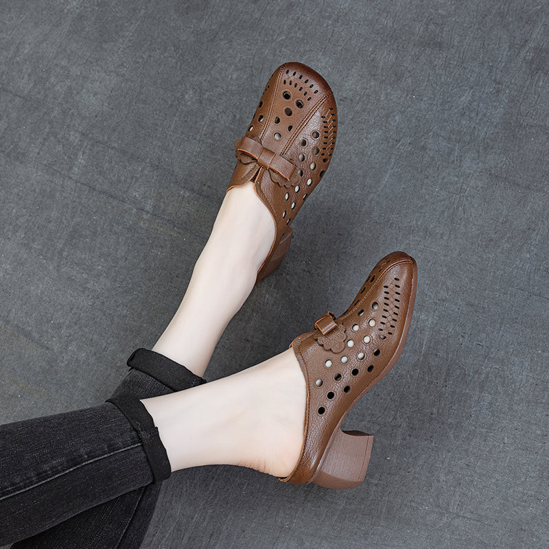 Women's Leather Bowknot Hollow Out Mid Heel Block Mule Shoes