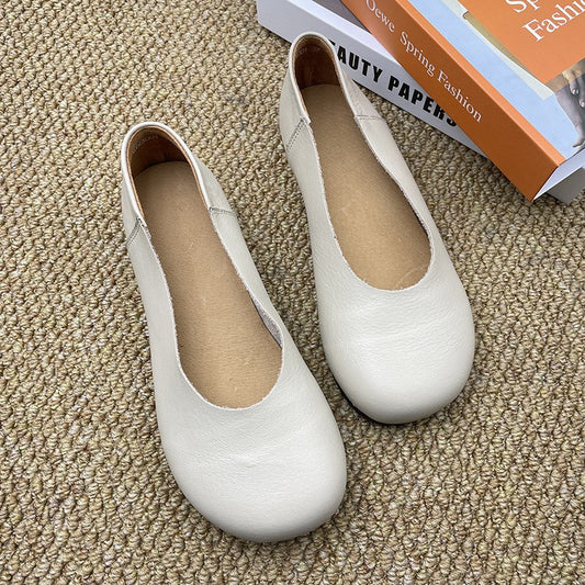 Women's Soft Leather Slip-On Flats – Minimalist Round Toe Casual Shoes