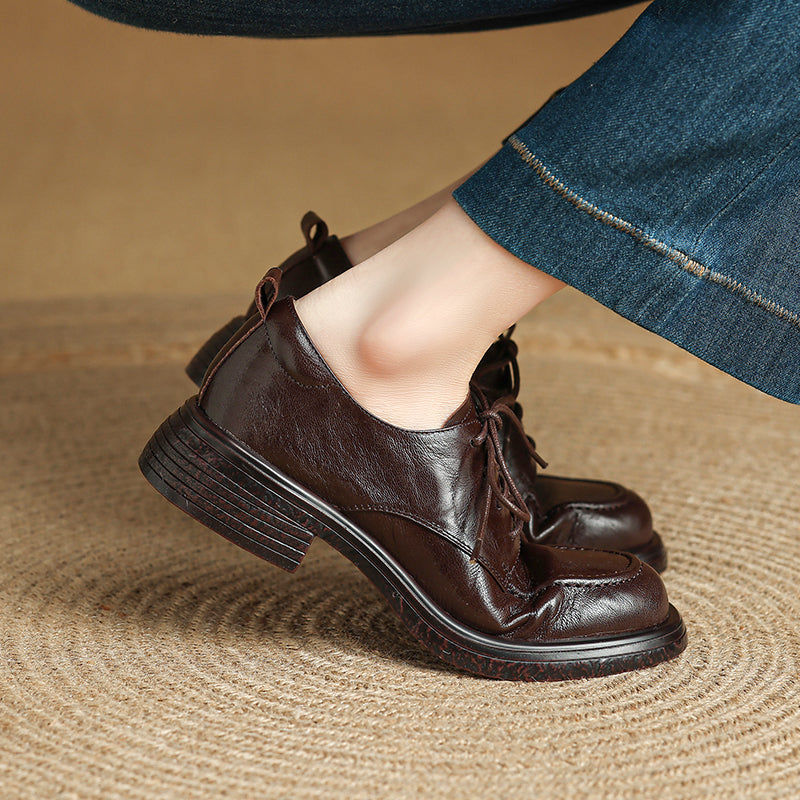 Women's Retro Leather Derby Shoes Vintage Round Toe Platform Oxfords