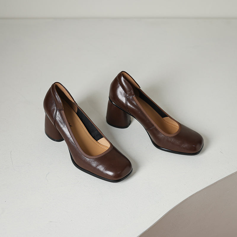 Women's Retro Croc Embossed Leather Pumps Vintage Block High Heels