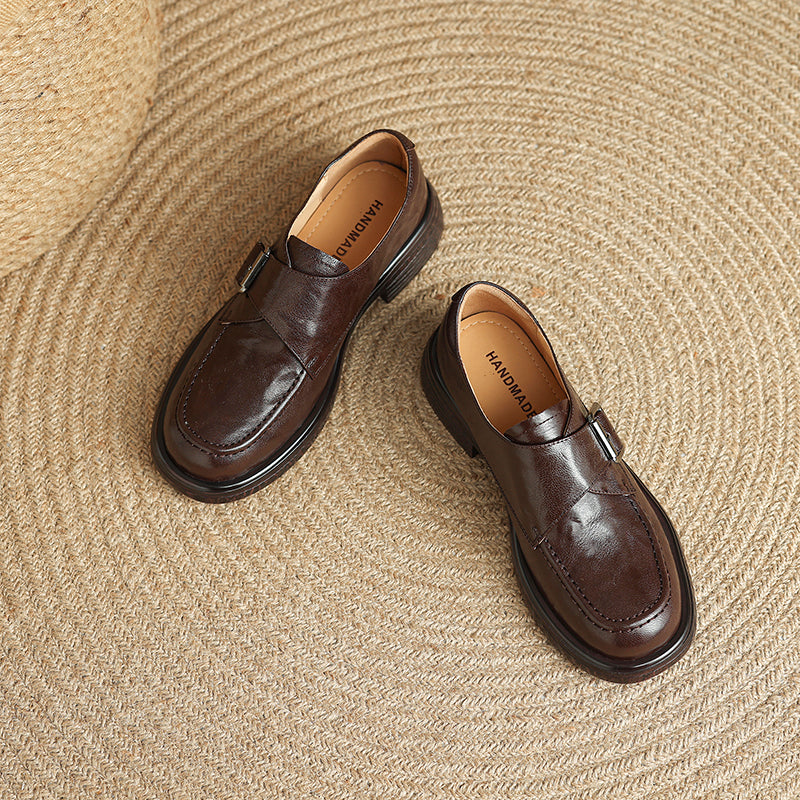 Women's Retro Leather Monk Strap Loafers Vintage Round Toe Platform Flats