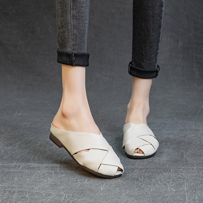 Women's Leather Hand-Woven Flat Mule Shoes Summer