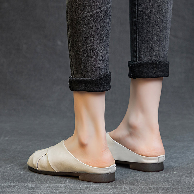Women's Leather Hand-Woven Flat Mule Shoes Summer