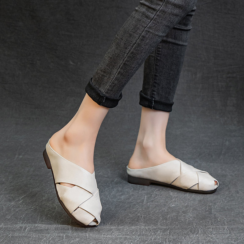 Women's Leather Hand-Woven Flat Mule Shoes Summer