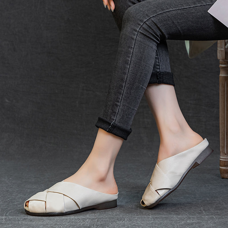 Women's Leather Hand-Woven Flat Mule Shoes Summer