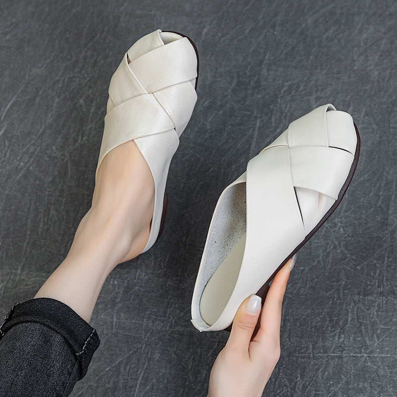 Women's Leather Hand-Woven Flat Mule Shoes Summer