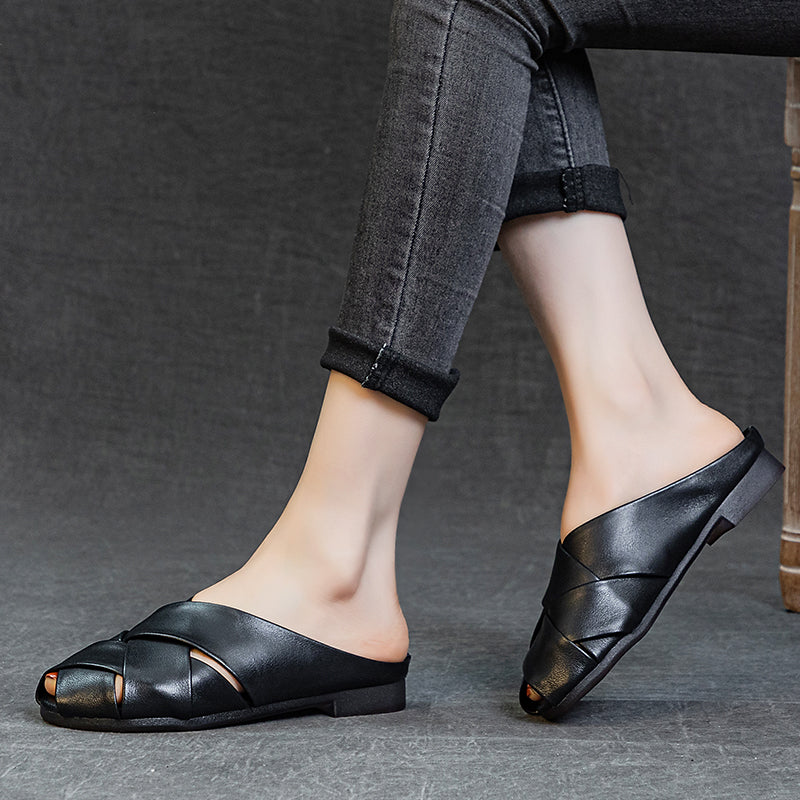 Women's Leather Hand-Woven Flat Mule Shoes Summer