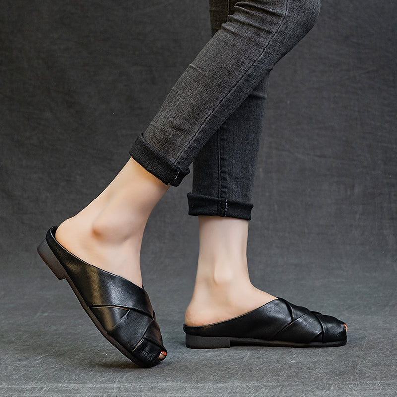 Women's Leather Hand-Woven Flat Mule Shoes Summer