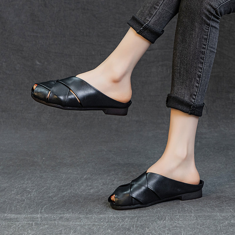 Women's Leather Hand-Woven Flat Mule Shoes Summer