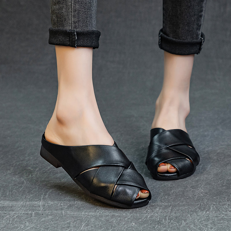 Women's Leather Hand-Woven Flat Mule Shoes Summer