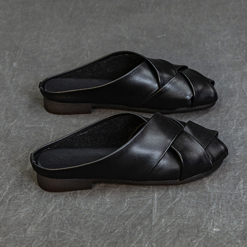 Women's Leather Hand-Woven Flat Mule Shoes Summer