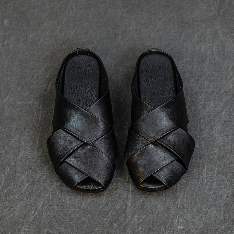 Women's Leather Hand-Woven Flat Mule Shoes Summer