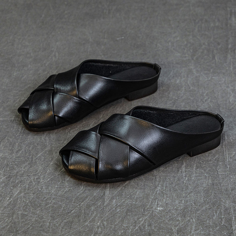 Women's Leather Hand-Woven Flat Mule Shoes Summer
