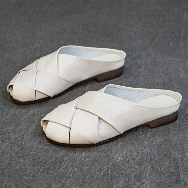 Women's Leather Hand-Woven Flat Mule Shoes Summer