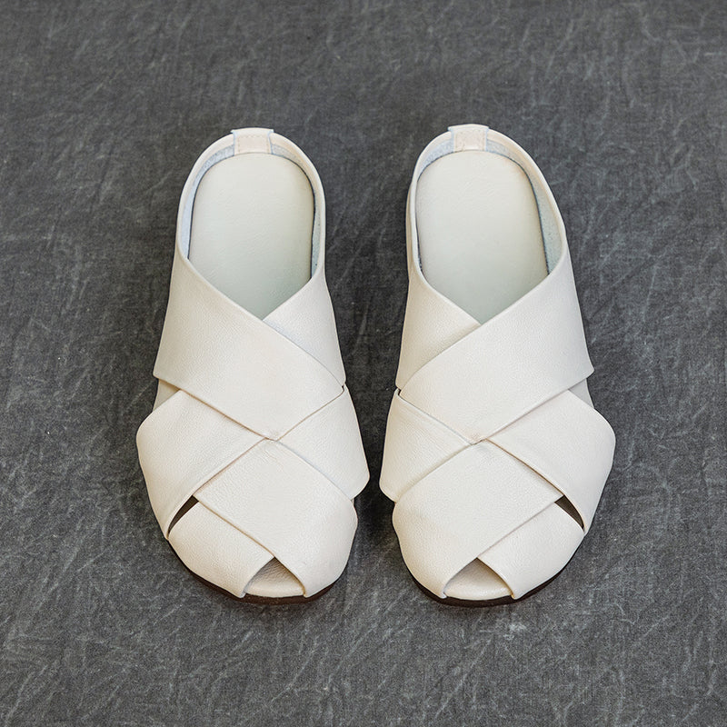 Women's Leather Hand-Woven Flat Mule Shoes Summer
