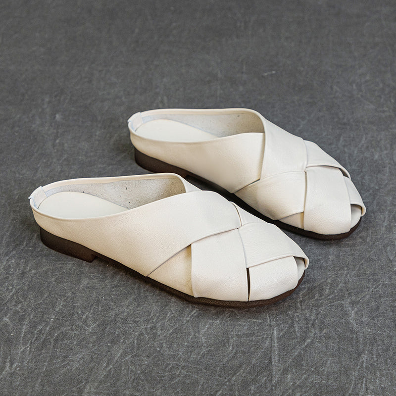 Women's Leather Hand-Woven Flat Mule Shoes Summer