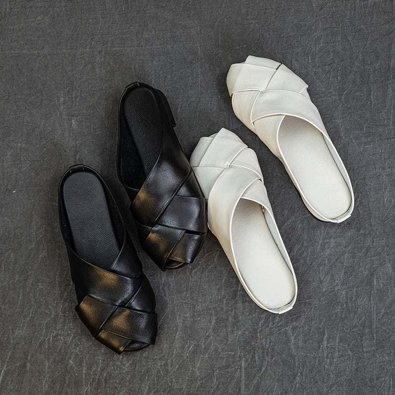 Women's Leather Hand-Woven Flat Mule Shoes Summer