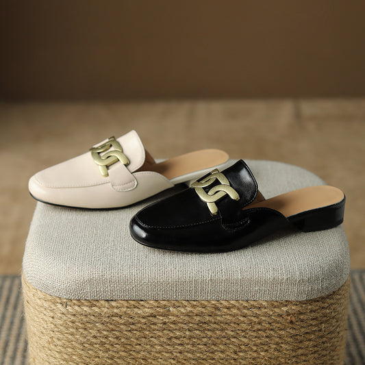Women's Leather Handmade Metal Chain Decoration Flat Stylish Mule Shoes