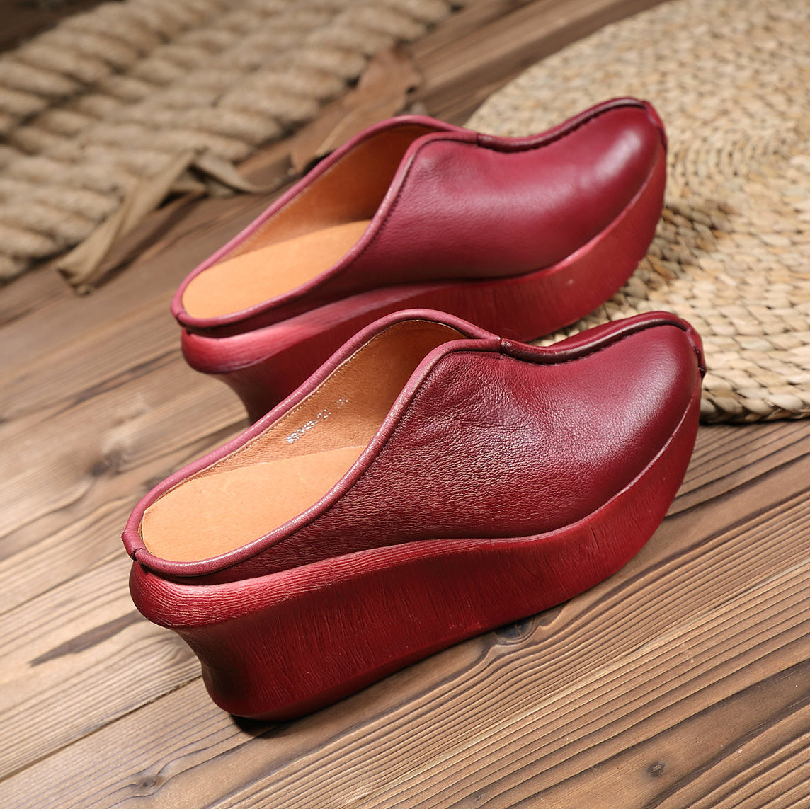 Women's Platform Mules - Premium Cowhide & Sheepskin - Summer Wedge Heels