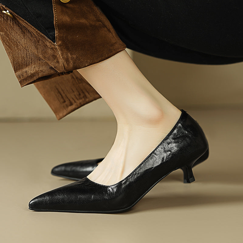 Sheepskin Kitten Heel Low Pointed Toe Pumps Women's Shoes - RetroStep