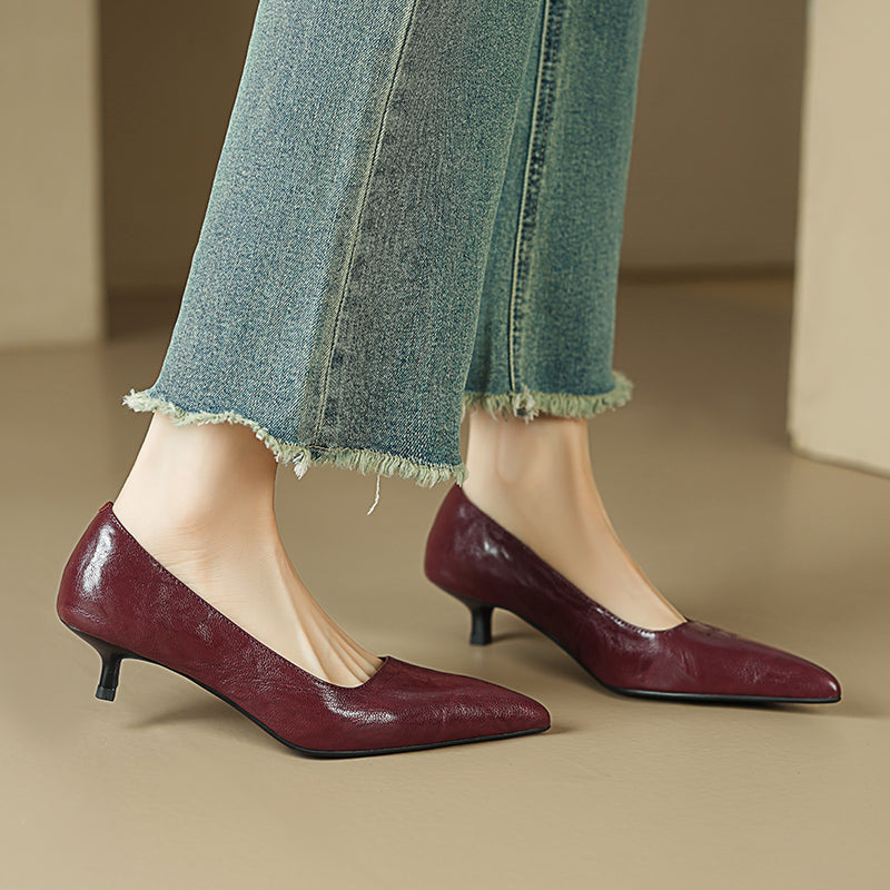 Sheepskin Kitten Heel Low Pointed Toe Pumps Women's Shoes - RetroStep