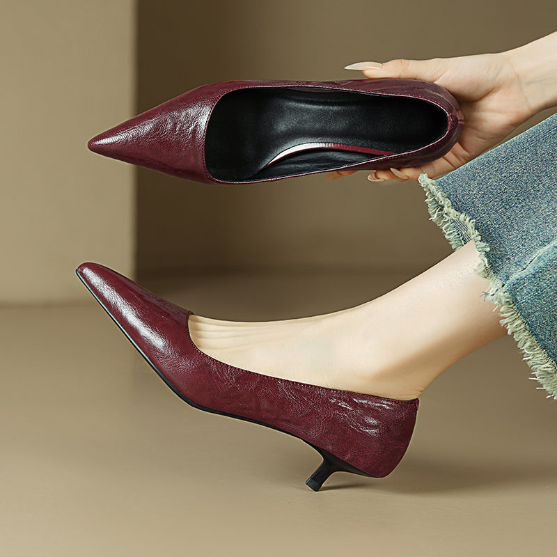 Sheepskin Kitten Heel Low Pointed Toe Pumps Women's Shoes - RetroStep