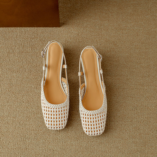 Women's Leather Stylish Hollow Out Slingback Block Heel Sandal