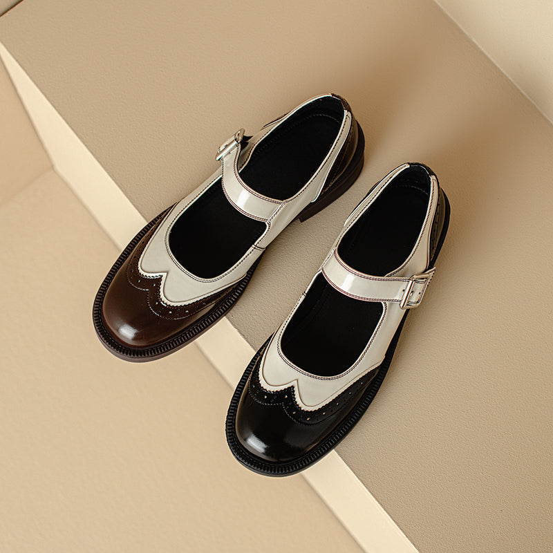 Women's Leather Sophisticated British Style Mary Janes - Brogue Detailed Oxford Shoes